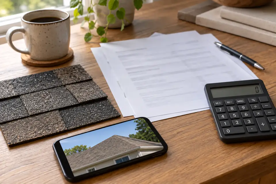 Illustrative desk with generic estimate papers, a calculator, a roof-material sample and a phone showing a house roof.