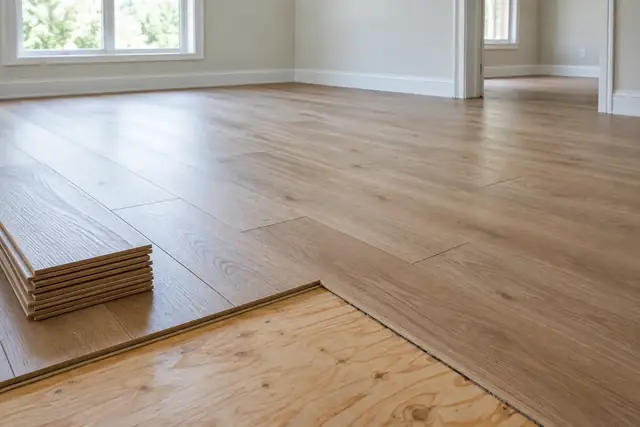 Wood flooring, exposed subfloor and matching boards.