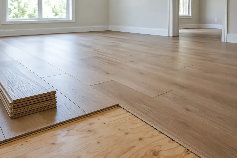 Illustrative room with wood-look plank flooring, stacked sample boards and an exposed subfloor edge.