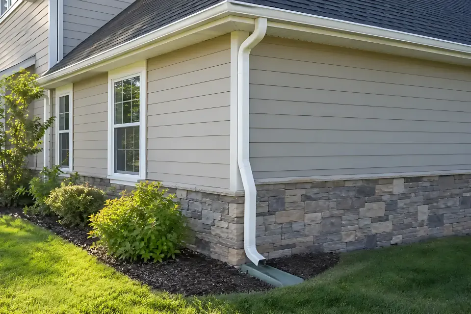 Illustrative house eave with a gutter and downspout continuing toward ground-level drainage.
