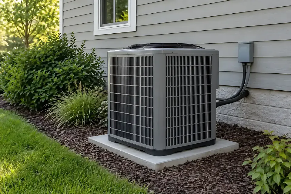 Illustrative outdoor residential HVAC condenser beside a house with space around the unit.