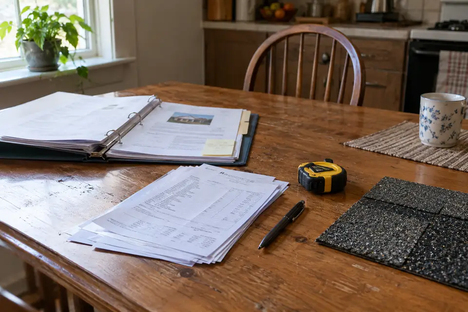 Illustrative project documents, tape measure and material sample.