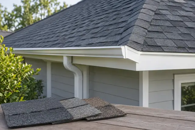 Asphalt roof, gutter and roofing samples.