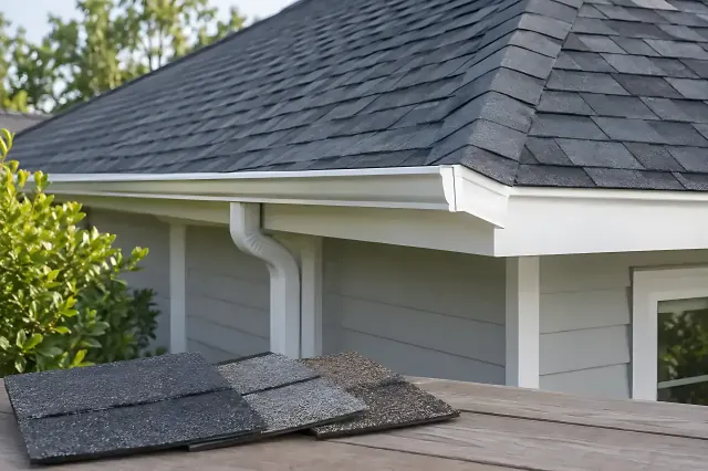 Asphalt roof, gutter and roofing samples.