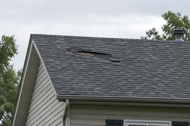 Gable roof with missing and lifted asphalt shingles.