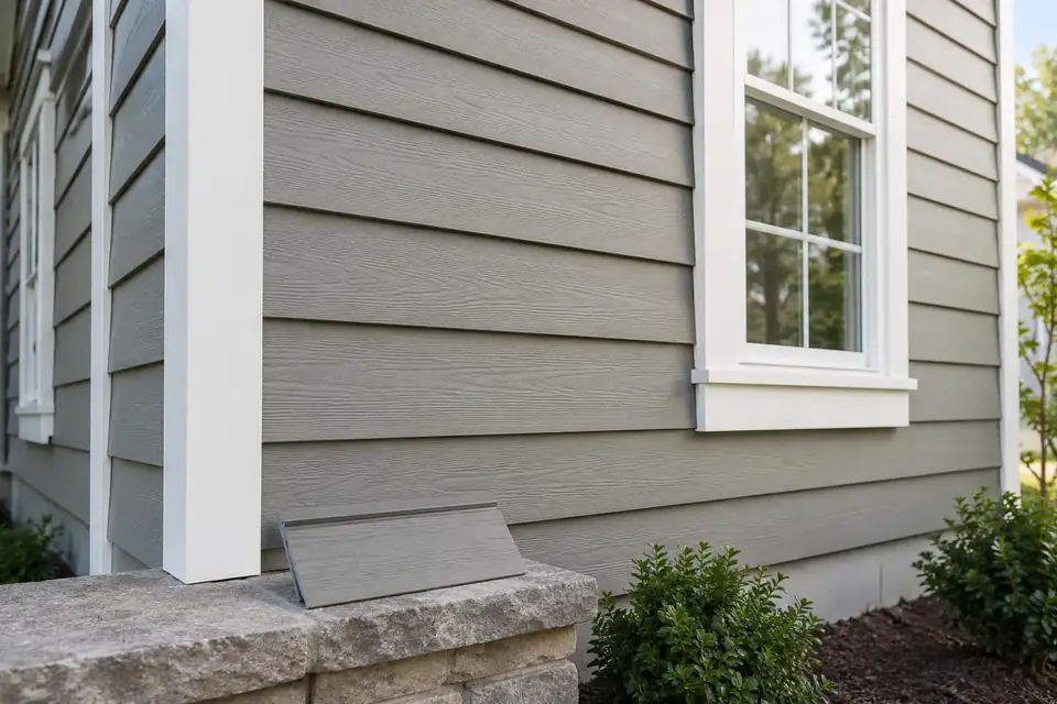 Illustrative house exterior with horizontal siding, window trim, corner detail and a separate siding sample.
