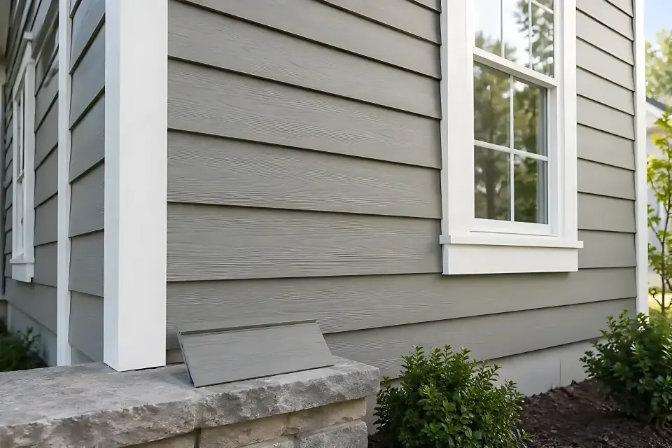Illustrative house exterior with horizontal siding, window trim, corner detail and a separate siding sample.