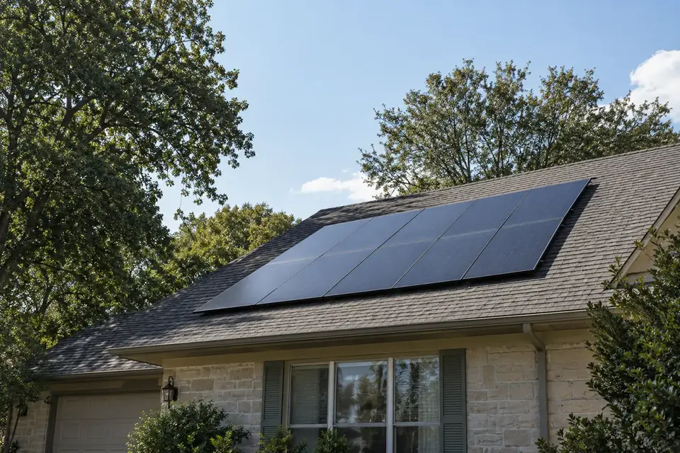 Illustrative house roof fitted with a solar panel array in a residential setting.