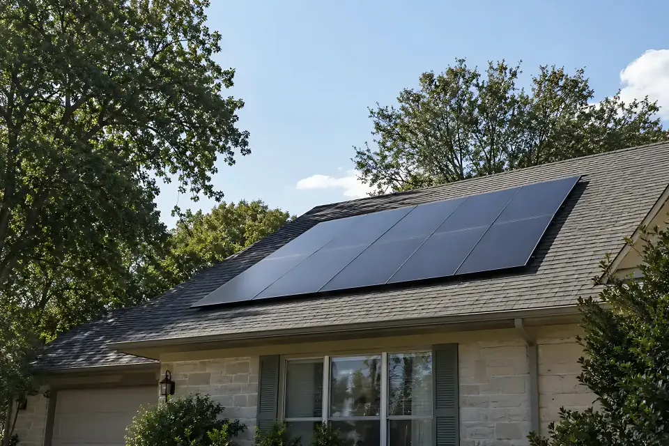 Illustrative house roof fitted with a solar panel array in a residential setting.