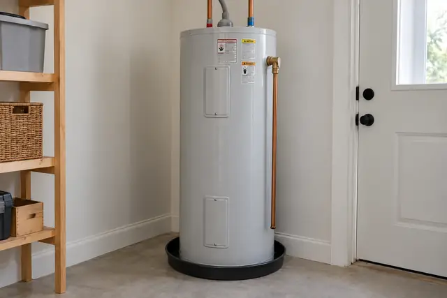 Water heater with visible tank, connections and drain pan.