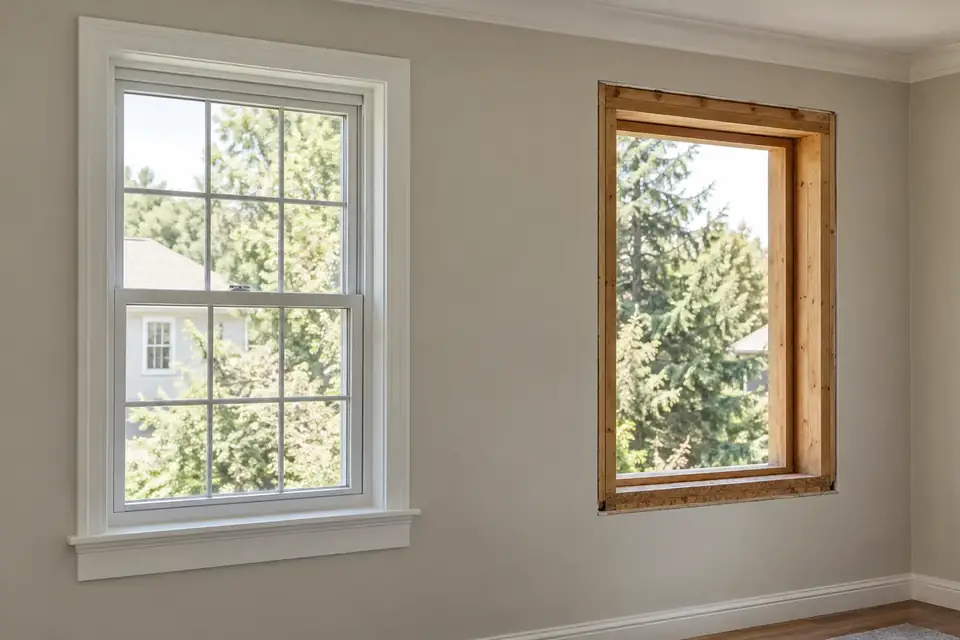 Illustrative finished white window beside an unfinished timber-framed window opening showing surrounding trim and framing.