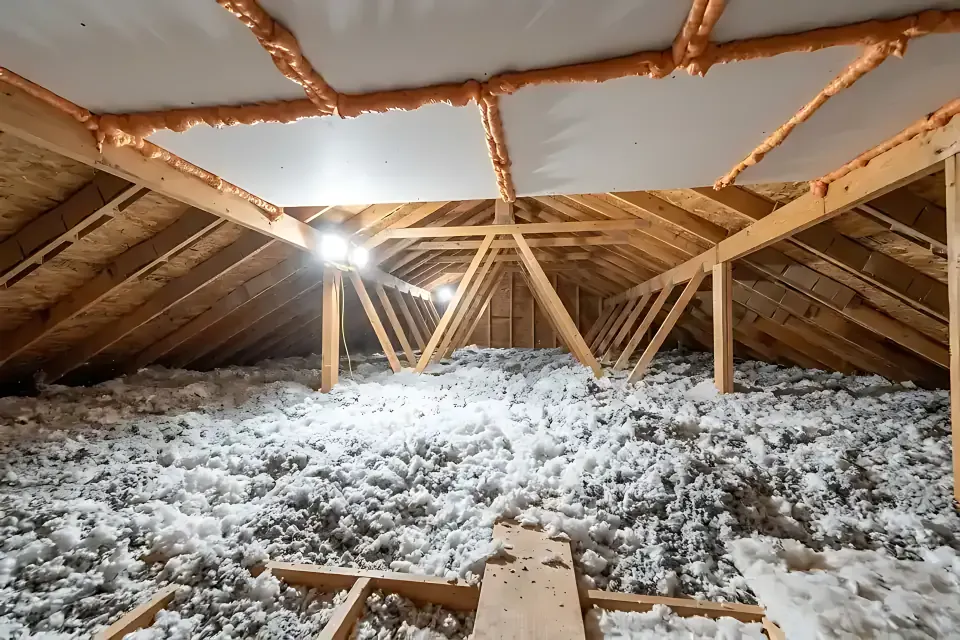 Residential open attic interior showing air-sealed drywall top plates with orange fireblock foam, rafter soffit ventilation baffles along the eaves, and a deep blanket of blown-in fiberglass and cellulose insulation.