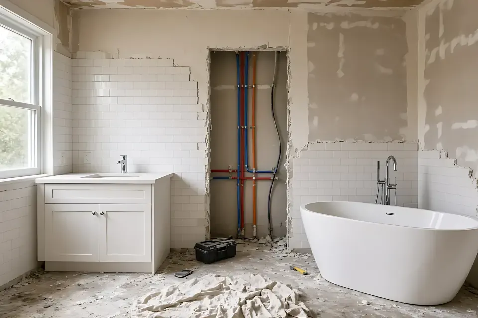 Bathroom mid-remodel with tile removed from one wall to expose new red and blue PEX water lines, a white freestanding tub and a new white vanity.