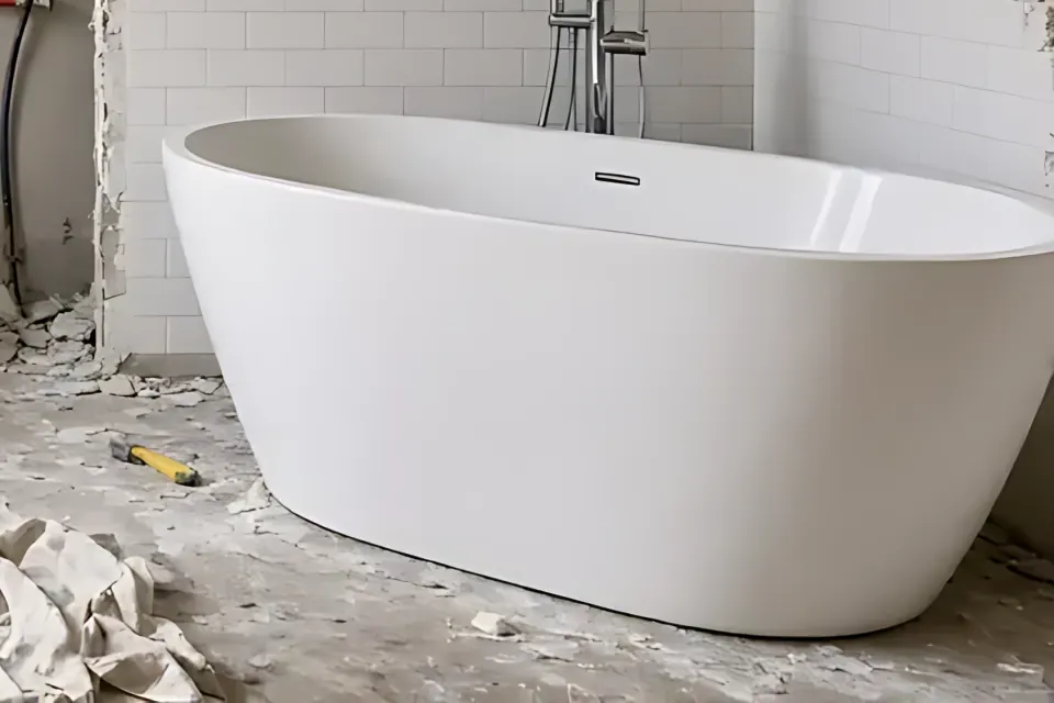 Close-up of a white freestanding tub on an unfinished bathroom floor.