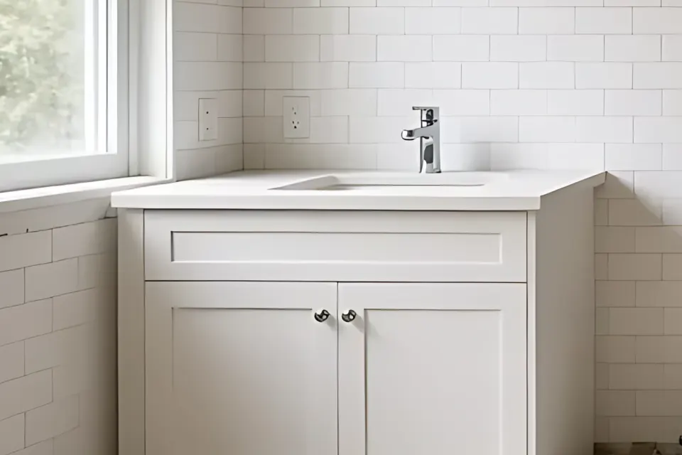 Close-up of a new white shaker vanity with a sink and chrome faucet.