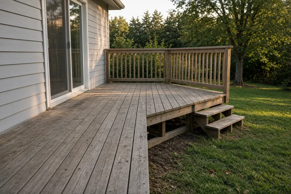Wood deck attached to a house, with deck boards, a railing, stairs and the framing visible above the yard.