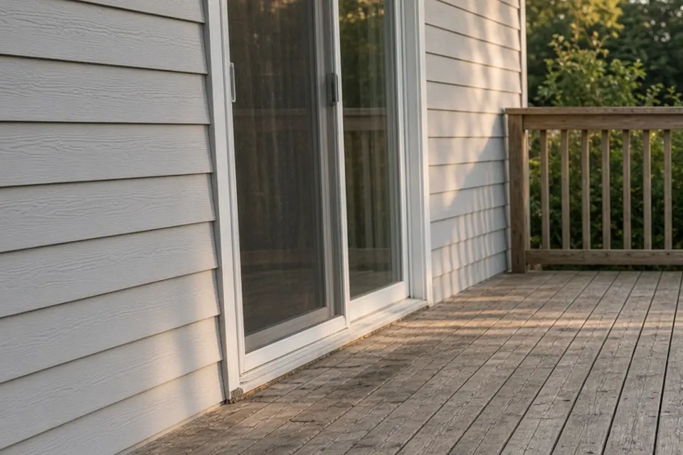Deck boards meeting the house wall beside a sliding door.