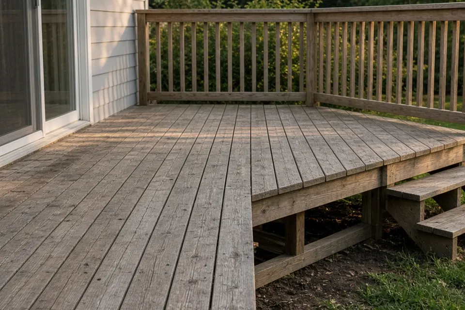 Deck boards, railing and the edge where the framing shows.