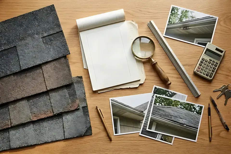 Flat-lay on an oak desk showing architectural asphalt roof shingle samples at four wear stages alongside a claim ledger pad, brass magnifying glass, scale ruler, calculator, and property inspection photos.