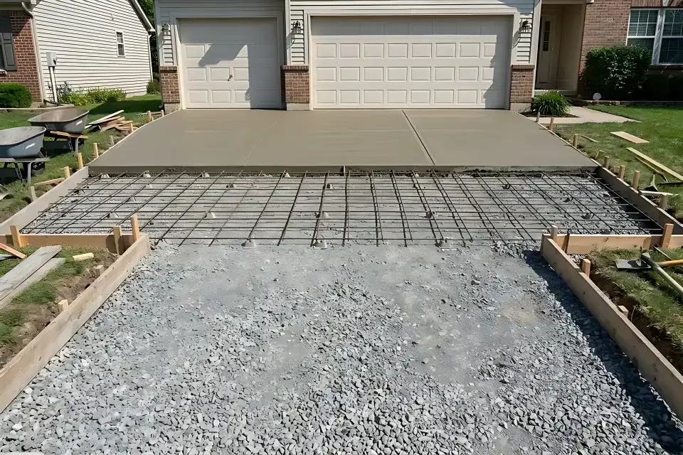 Residential two-car concrete driveway replacement showing compacted crushed-stone sub-base, #4 steel rebar reinforcement grid on chairs, and poured broom-finished concrete with control joints.