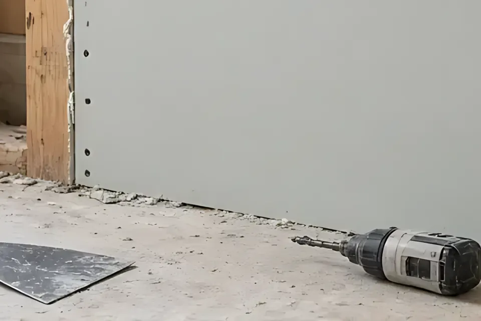 Close-up of the bottom of a new drywall sheet with screws, a drill and a taping knife on the floor.