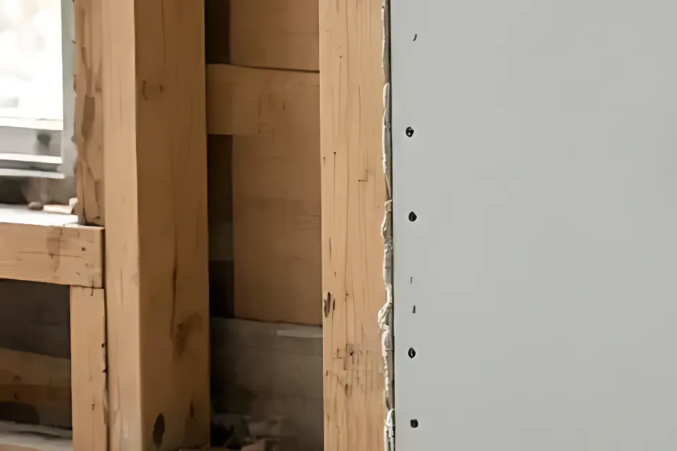 Close-up of exposed wood framing beside a new drywall sheet.