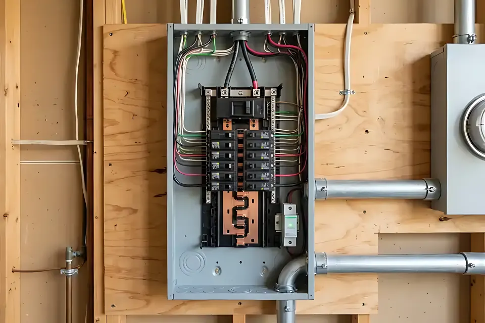 200-amp electrical panel upgrade showing copper busbar load center, AFCI/GFCI breakers, whole-home surge protector, and rigid conduit to the utility meter socket.