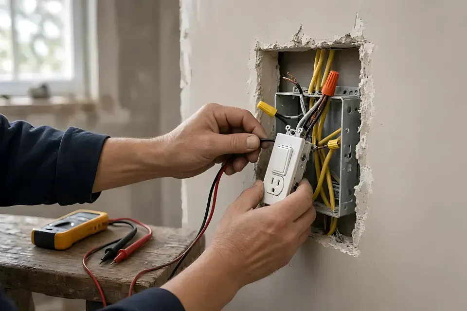 Electrician with a multimeter testing a newly wired outlet in an open electrical box cut into a drywall wall, with yellow cable and wire nuts visible.