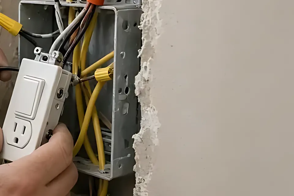 Close-up of yellow cable and wire nuts inside an open metal electrical box in a drywall wall.
