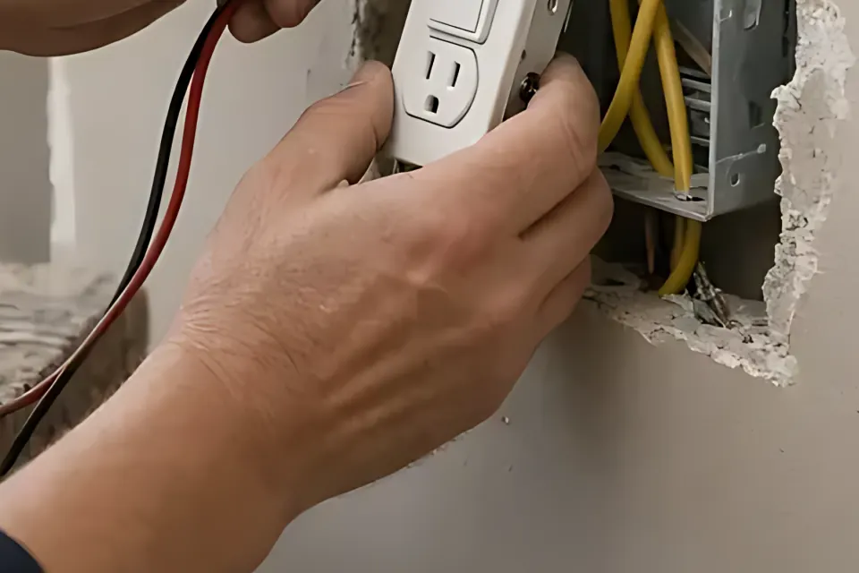Close-up of hands fitting a white outlet into a wall box.