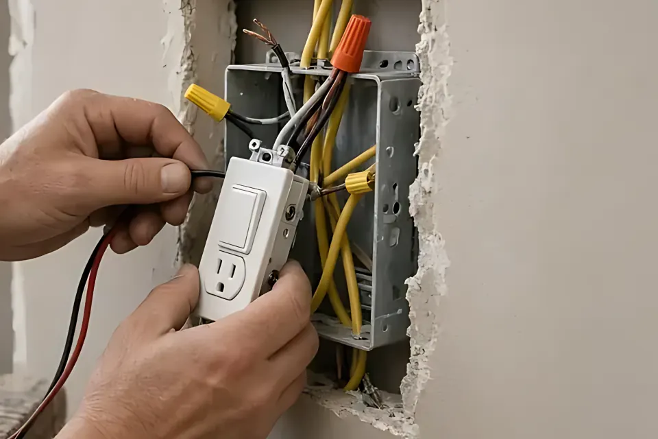 Close-up of a cut-out in drywall around an electrical box with wires visible.