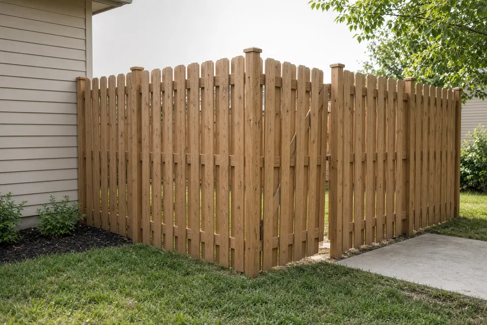 Wood privacy fence along a house, with vertical boards, posts and a gate.