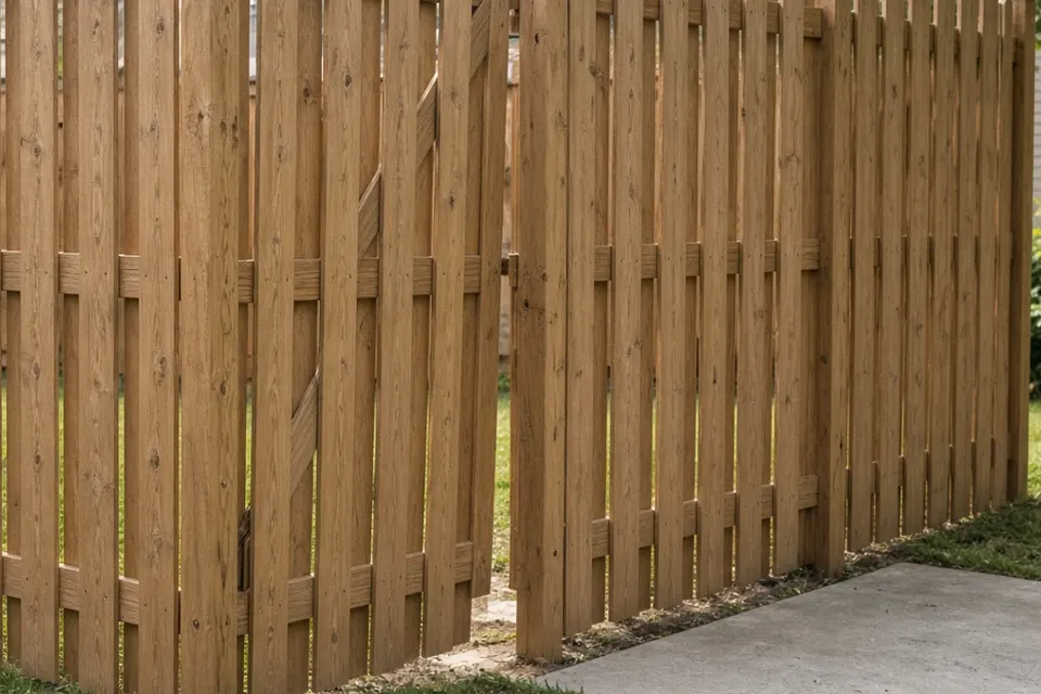 Wood fence gate slightly open beside a concrete path.