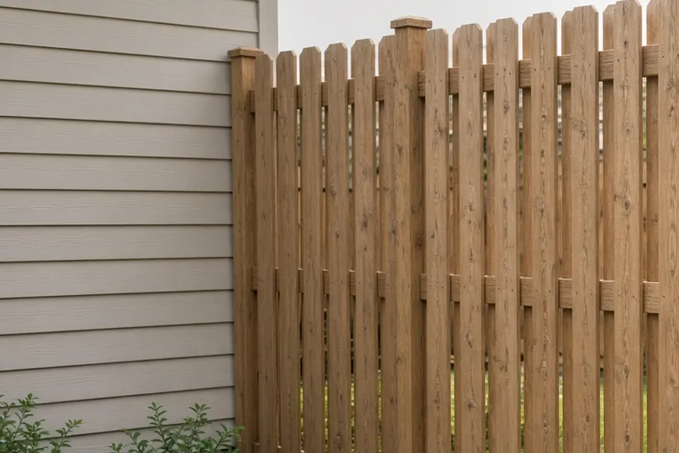Fence post and boards starting beside house siding.