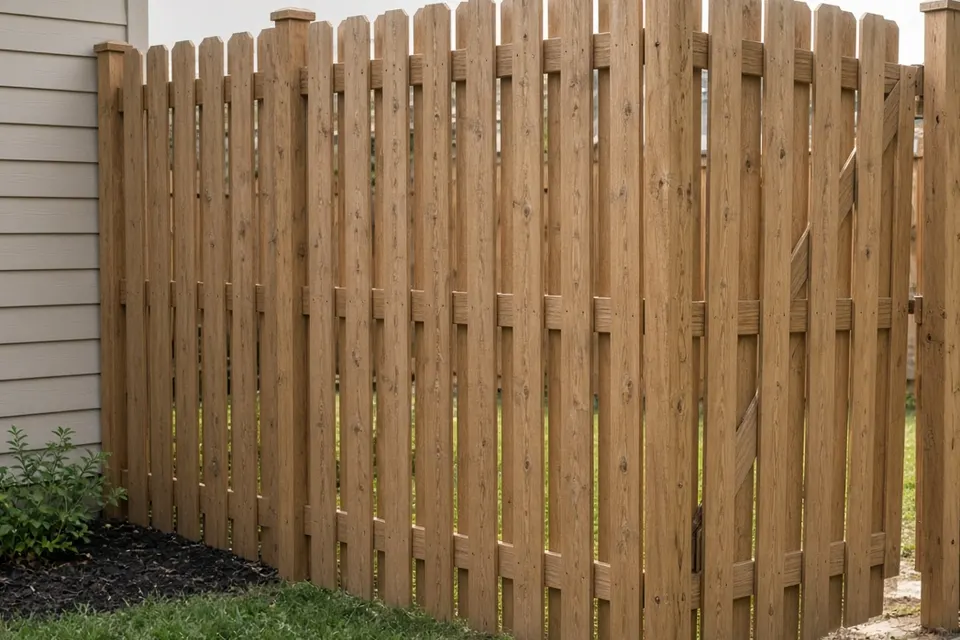 Close view of vertical wood fence boards and horizontal rails.