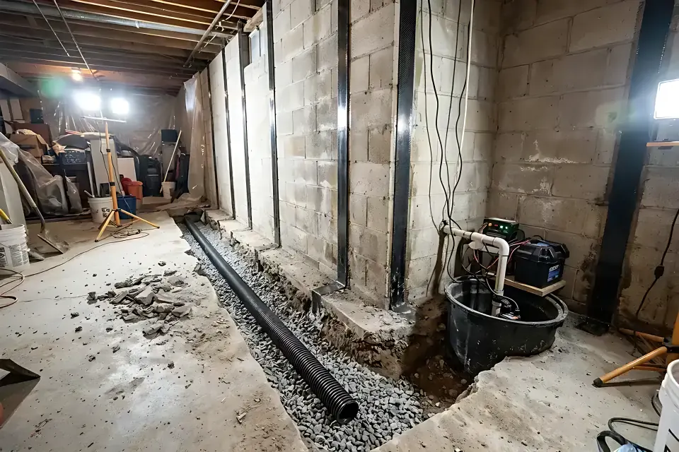 Basement waterproofing and foundation repair visual guide showing drain tile, sump pump and structural wall.