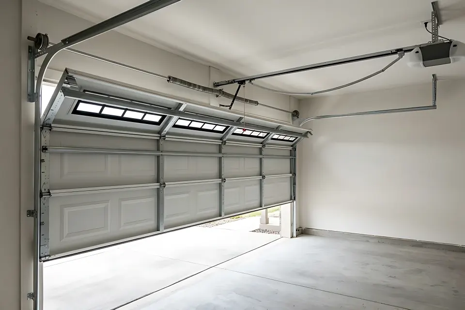 Interior and exterior perspective of a two-car insulated steel sectional garage door showing upper windows, overhead torsion spring shaft, galvanized tracks, and belt-drive opener.