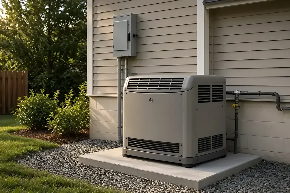 Air-cooled whole-house standby generator on a concrete pad beside a house with gray siding, with the gas line and electrical disconnect on the wall.