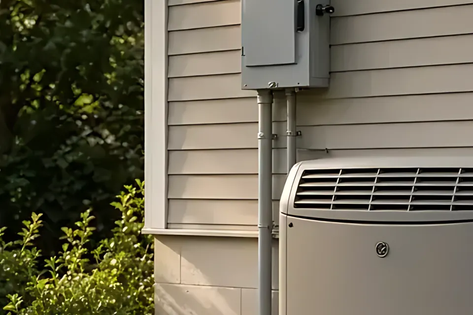 Close-up of the gas line and electrical disconnect on the house wall beside the generator.