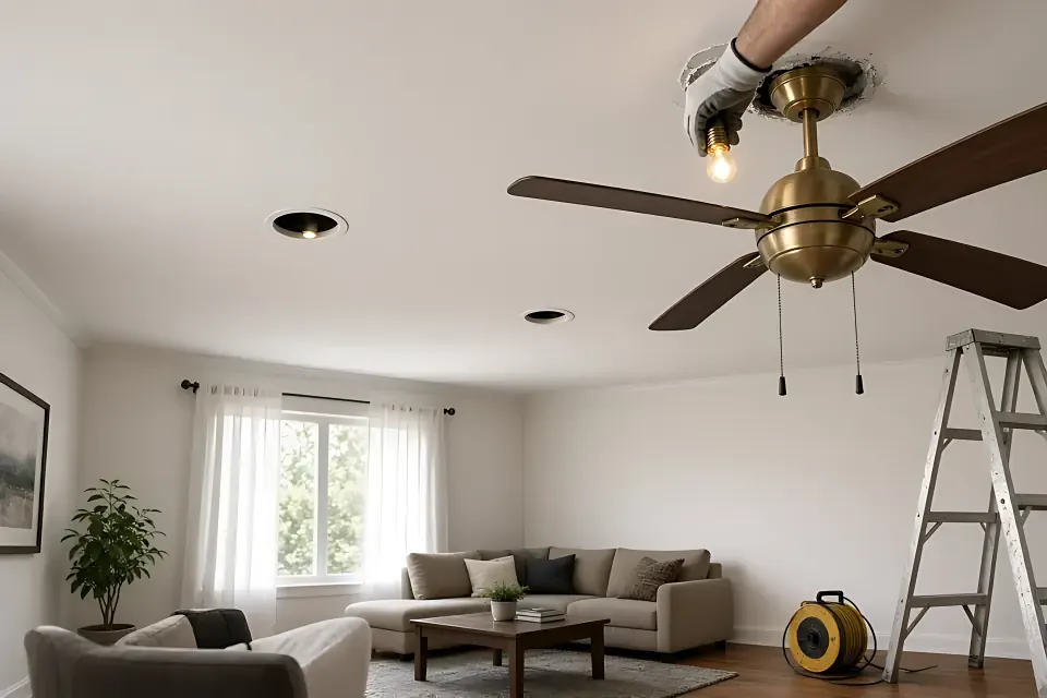 Electrician on a ladder installing a brass ceiling fan with light kit in a living room with recessed lights in the ceiling.
