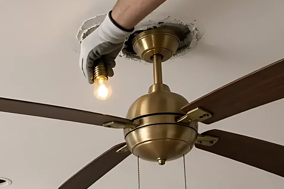 Close-up of an electrician fitting a brass ceiling fan canopy to the ceiling.