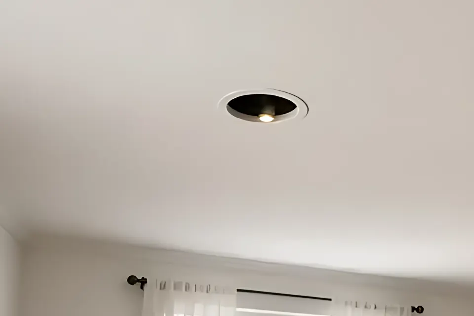Close-up of a recessed LED light glowing in a white ceiling.