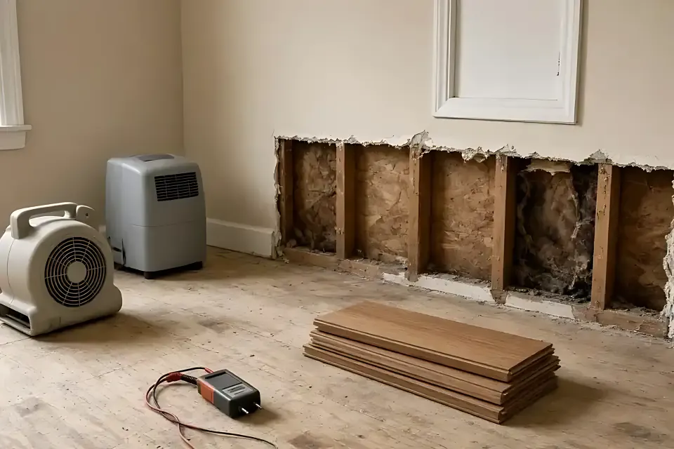 Basement room during mold and water remediation: drywall cut away along the lower wall exposing wood studs and stained insulation, with a dehumidifier, an air mover and a moisture meter on the floor.