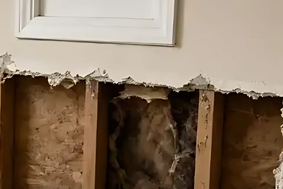Close-up of a wall cavity with drywall removed, showing wood studs and stained, matted insulation behind.