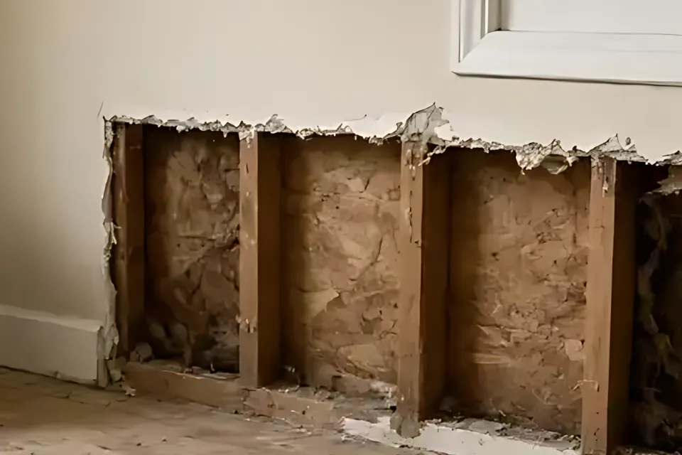 Close-up of a ragged drywall cut line running along a basement wall above exposed studs.