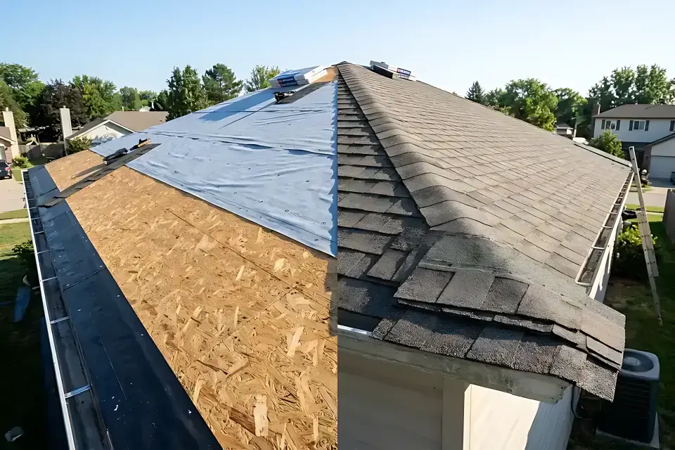 Side-by-side comparison on a residential roof slope showing bare OSB roof decking with ice-and-water shield and synthetic underlayment on the left versus two stacked layers of asphalt shingles on the right.
