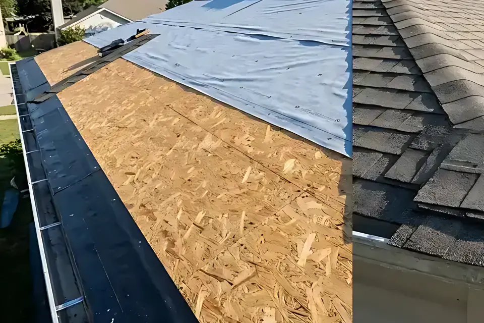 Step 1: Inspect bare OSB plywood roof decking and self-adhered ice-and-water shield membrane.