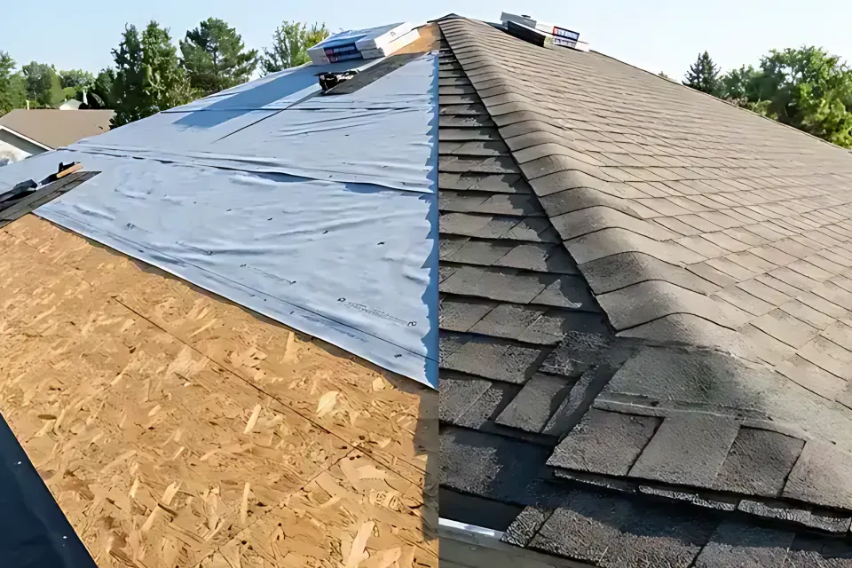 Step 2: Check synthetic underlayment, ridge vent slot, and valley metal during a tear-off.