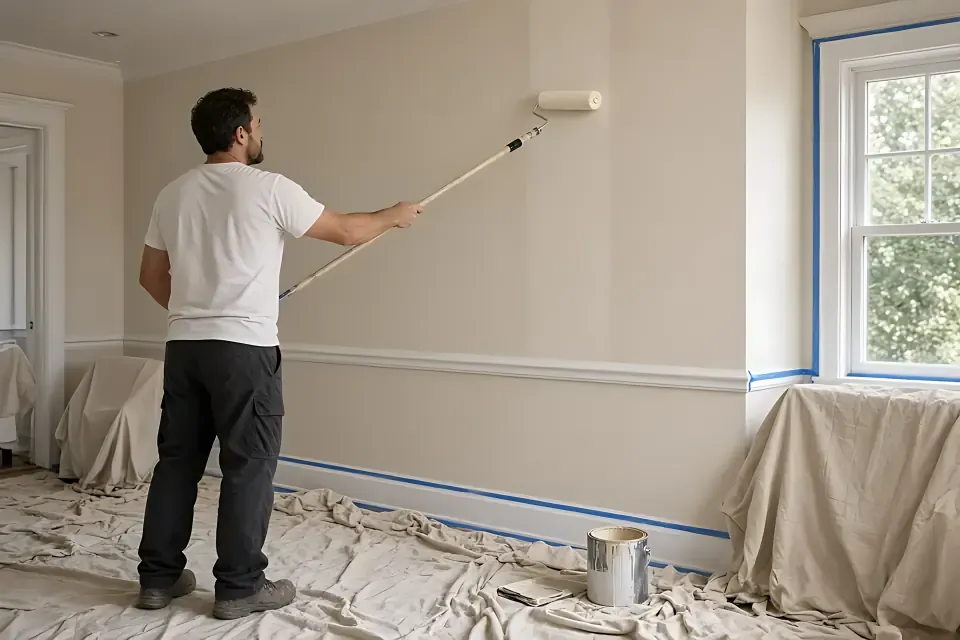 Painter rolling paint onto a living room wall with drop cloths on the floor and blue painter’s tape along the trim and window.