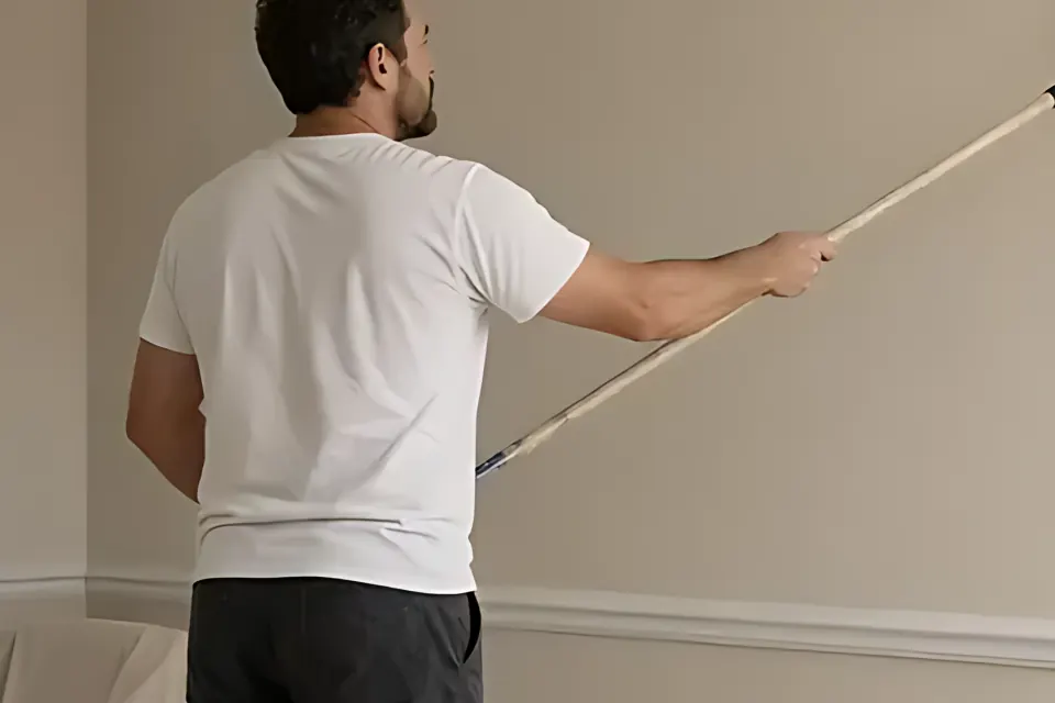 Close-up of a painter rolling paint onto a wall with an extension pole.